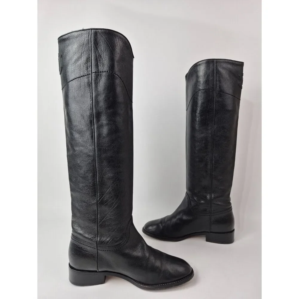 Chanel Women's Black Leather Interlocking CC Logo Tall Riding Boots Size 38
